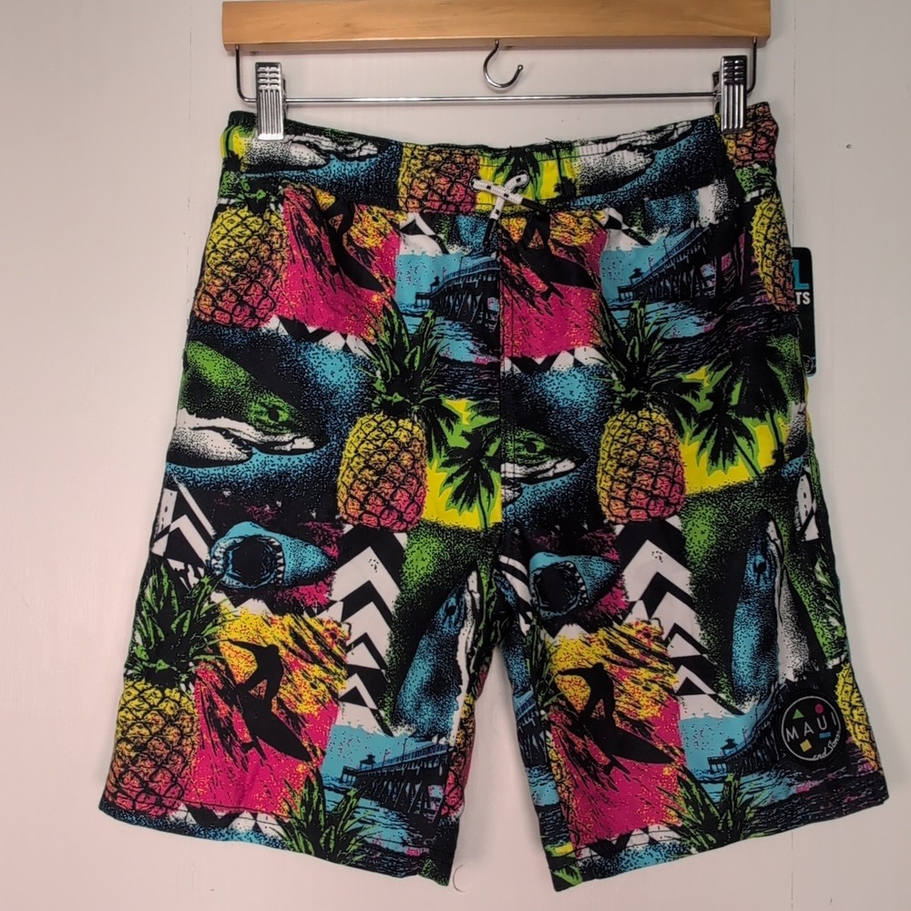NEW Maui and Sons Boys XL 18 Pool Shorts Swim Trunks Neon Shark Pineapple Print